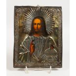 A RUSSIAN SILVER ICON. Christ. Silver Marks A.B. K.C. over 1867 84. 8.5ins x 7ins.