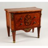 A MINIATURE FRENCH PARQUETRY AND MARQUETRY TWO DRAWER COMMODE, on tapering legs. 12ins wide.