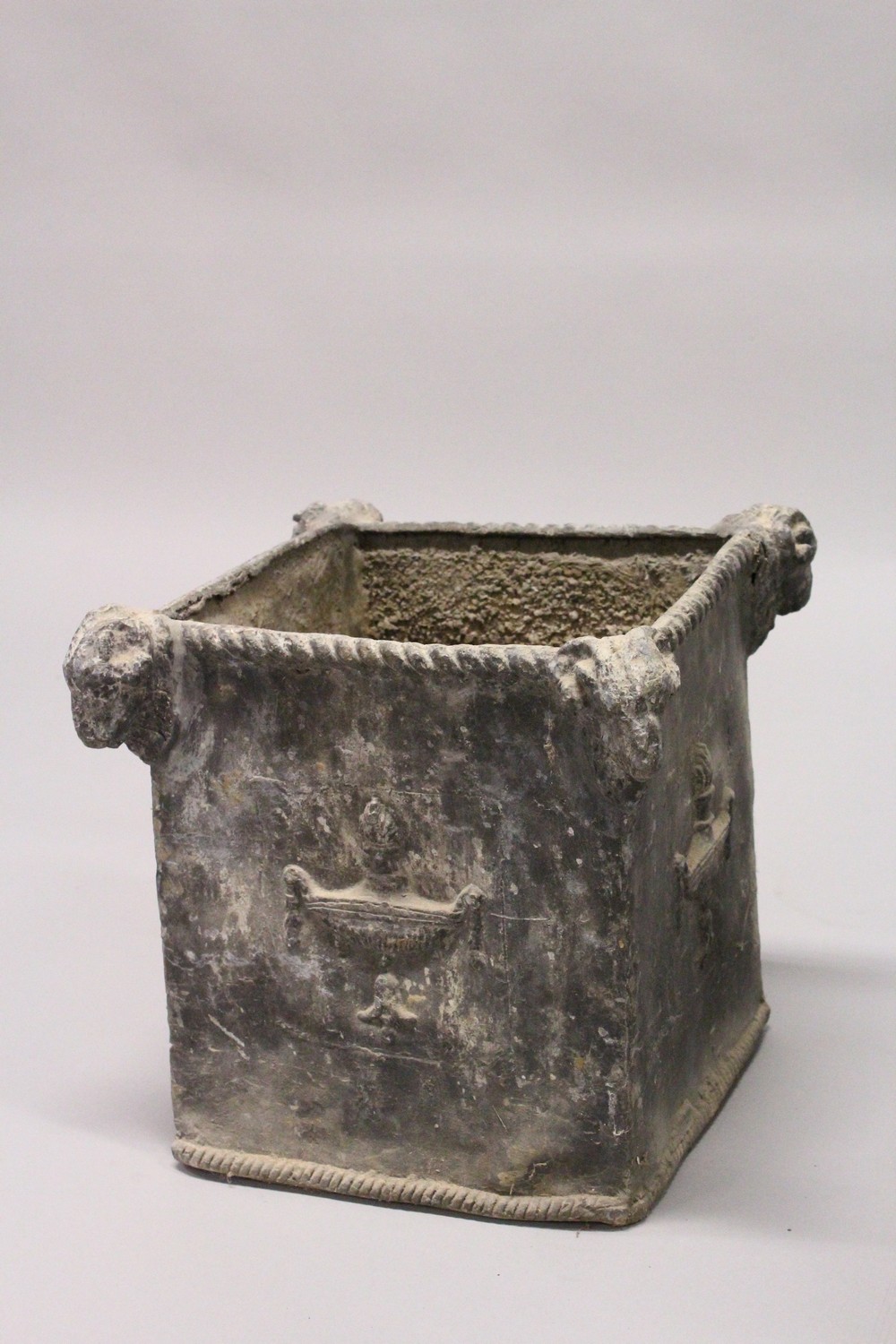 A PAIR OF 19TH/20TH CENTURY LEAD PLANTERS, of square shape, with rams head corners and classical - Image 3 of 6