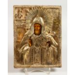A RUSSIAN SILVER GILT ICON. Priest and Madonna & Child Silver Marks H.A. over 1834. 8.5ins x 6.