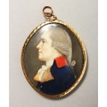 AN 18TH CENTURY PORTRAIT MINIATURE of a man in a blue coat, plaited hair and initials to reverse.