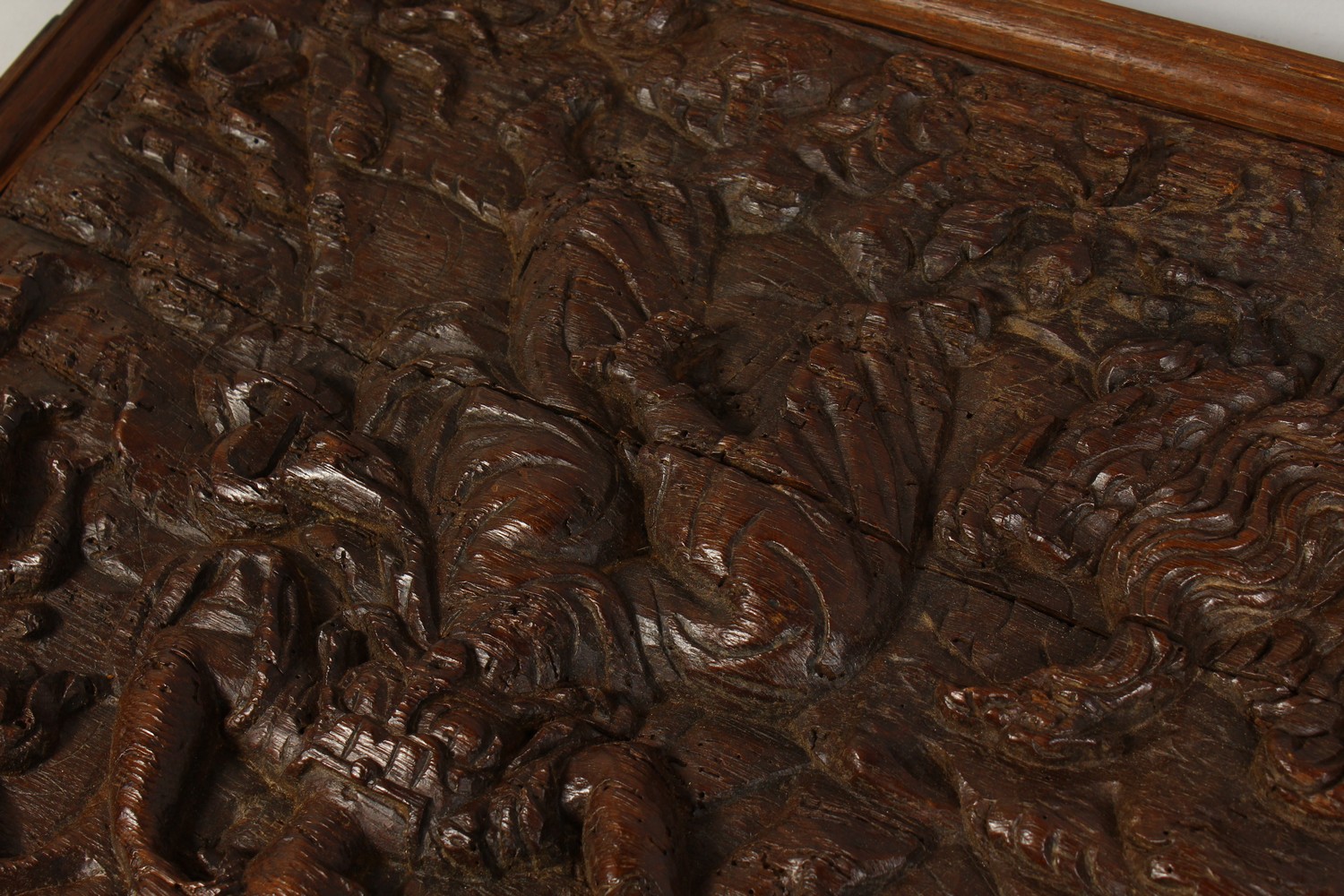 A GOOD PAIR OF EARLY CARVED OAK PANELS, POSSIBLY 17TH CENTURY, depicting female figures, children, - Image 2 of 4