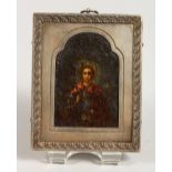 A RUSSIAN ICON, in a silver frame. 84 head and makers mark. 3.5ins x 2,75ins.