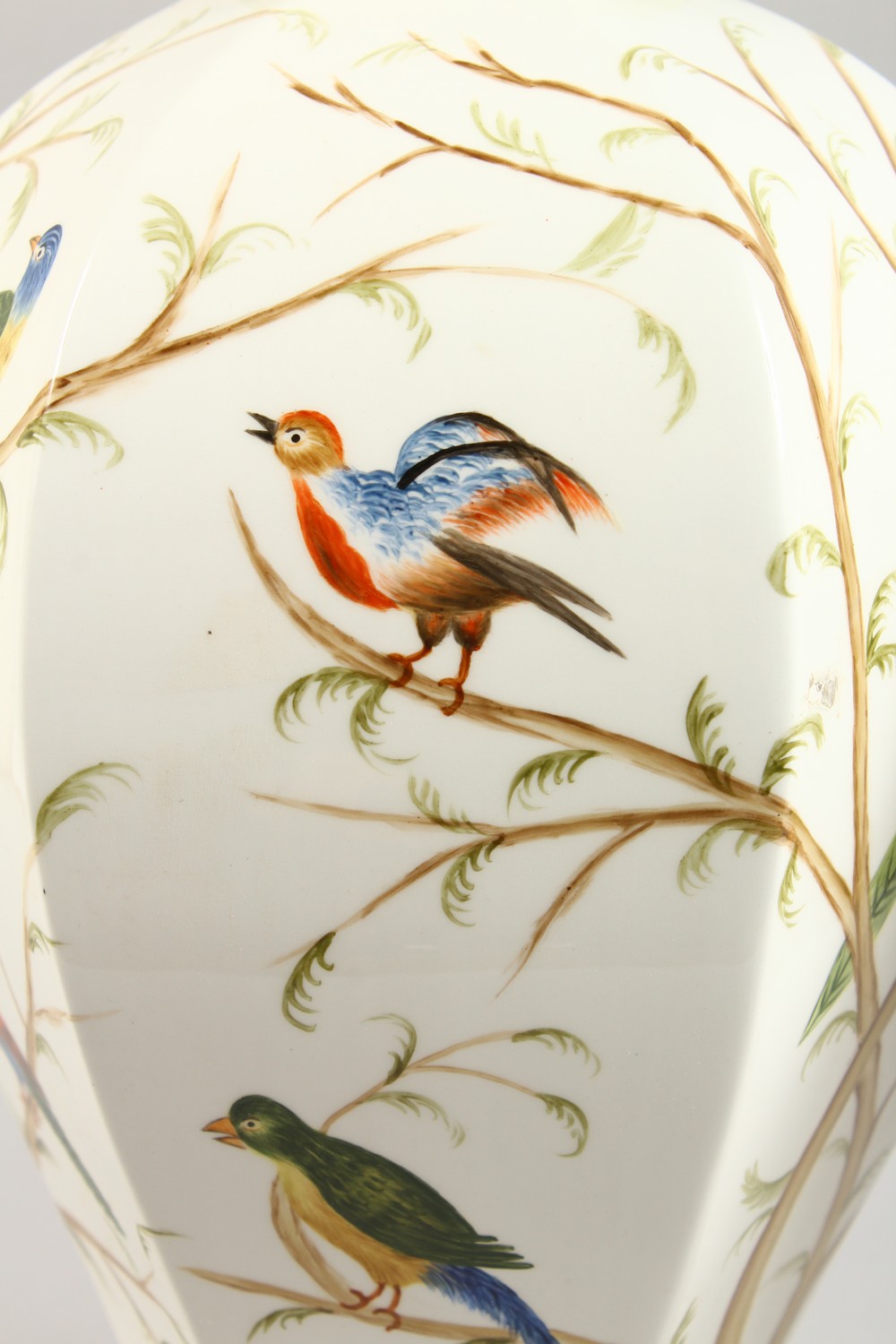 A PAIR OF HEXAGONAL BALUSTER SHAPED VASES, decorated with exotic birds. 14.5ins high. - Image 2 of 7