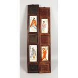TWO NARROW PORCELAIN AND WOOD PLAQUES. 36ins x 6ins.