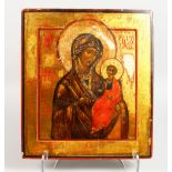 A VERY GOOD RUSSIAN ICON. Madonna and Child, on a wooden panel. 14ins x 12ins.