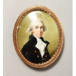 AN EARLY 18TH CENTURY MINIATURE of a young man in a blue coat and white cravat, plaited hair to