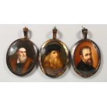 THREE GOOD 18TH CENTURY OVAL PORTRAIT MINIATURES, after Michelangelo, Leonardo Da Vinci and