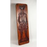 A LARGE 19TH CENTURY DOUBLE SIDED WALNUT "GINGERBREAD" MOULD, carved with figures. 42.5ins x 13ins.