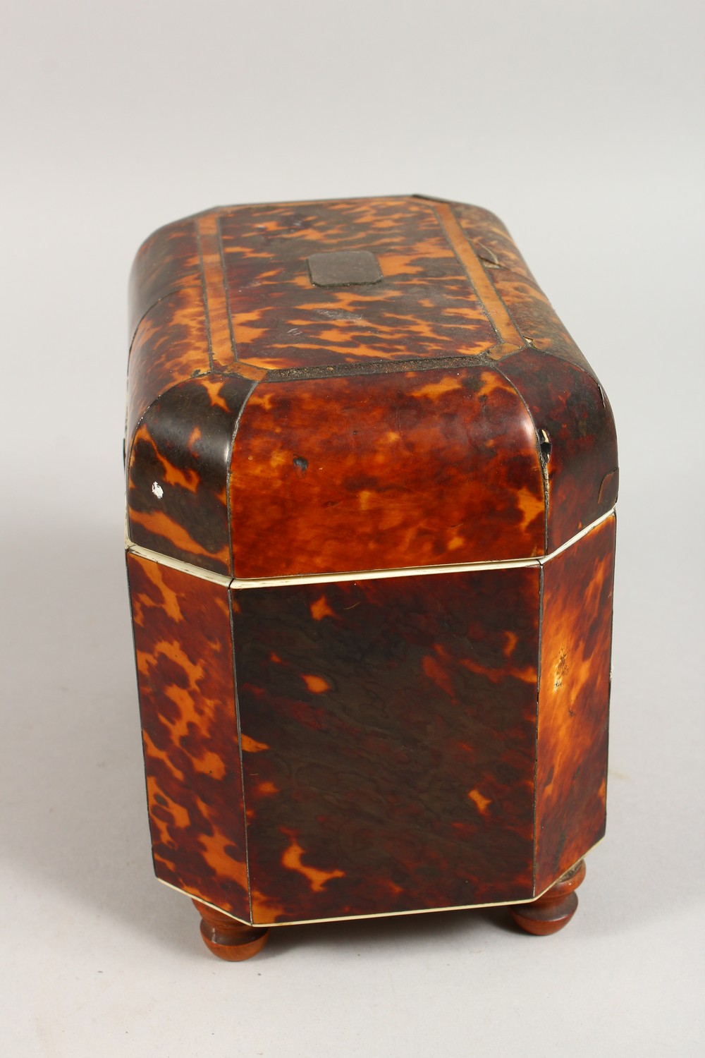 A GOOD GEORGE III TORTOISESHELL AND IVORY TWIN COMPARTMENT TEA CADDY, with plain silver plaque and - Image 5 of 9