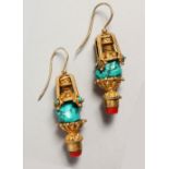 A PAIR OF GILDED TURQUOISE DROP EARRINGS.