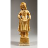 A CARVED ALABASTER FIGURE OF A YOUNG GIRL, standing, holding her skirt, on a square base. 14.5ins
