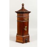 A SUPERB GEORGIAN DESIGN MAHOGANY OCTAGONAL POSTBOX, with carved domed top, letter box, door and