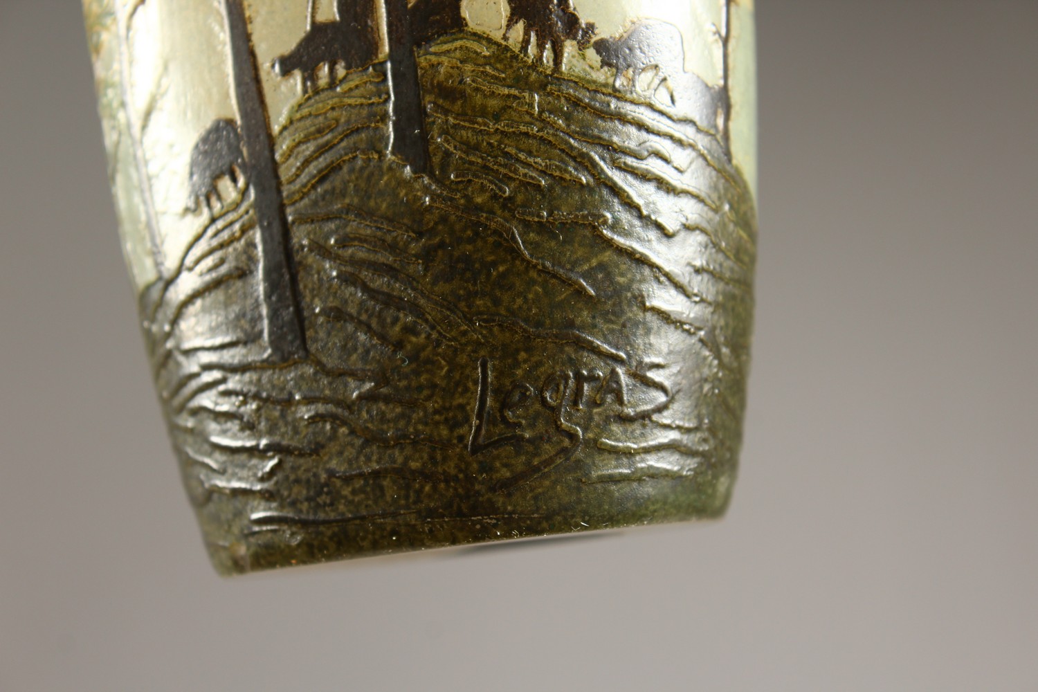 LEGRAS A GOOD CAMEO GLASS VASE, shepherdess with sheep on a hilltop with trees. Signed. 6ins high. - Image 10 of 11