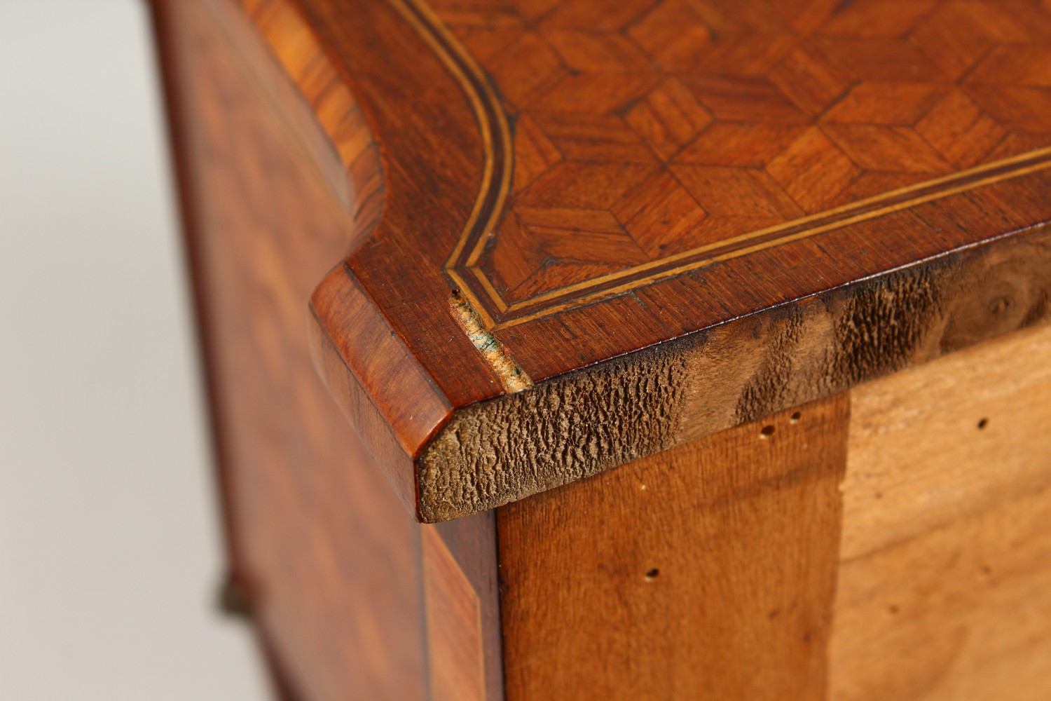 A MINIATURE FRENCH PARQUETRY AND MARQUETRY TWO DRAWER COMMODE, on tapering legs. 12ins wide. - Image 7 of 15