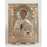 A RUSSIAN SILVER ICON. Priest. 5ins x 4ins.