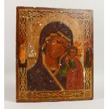 A RUSSIAN PAINTED ICON, Madonna and Child. 12.5ins x 10.5ins.