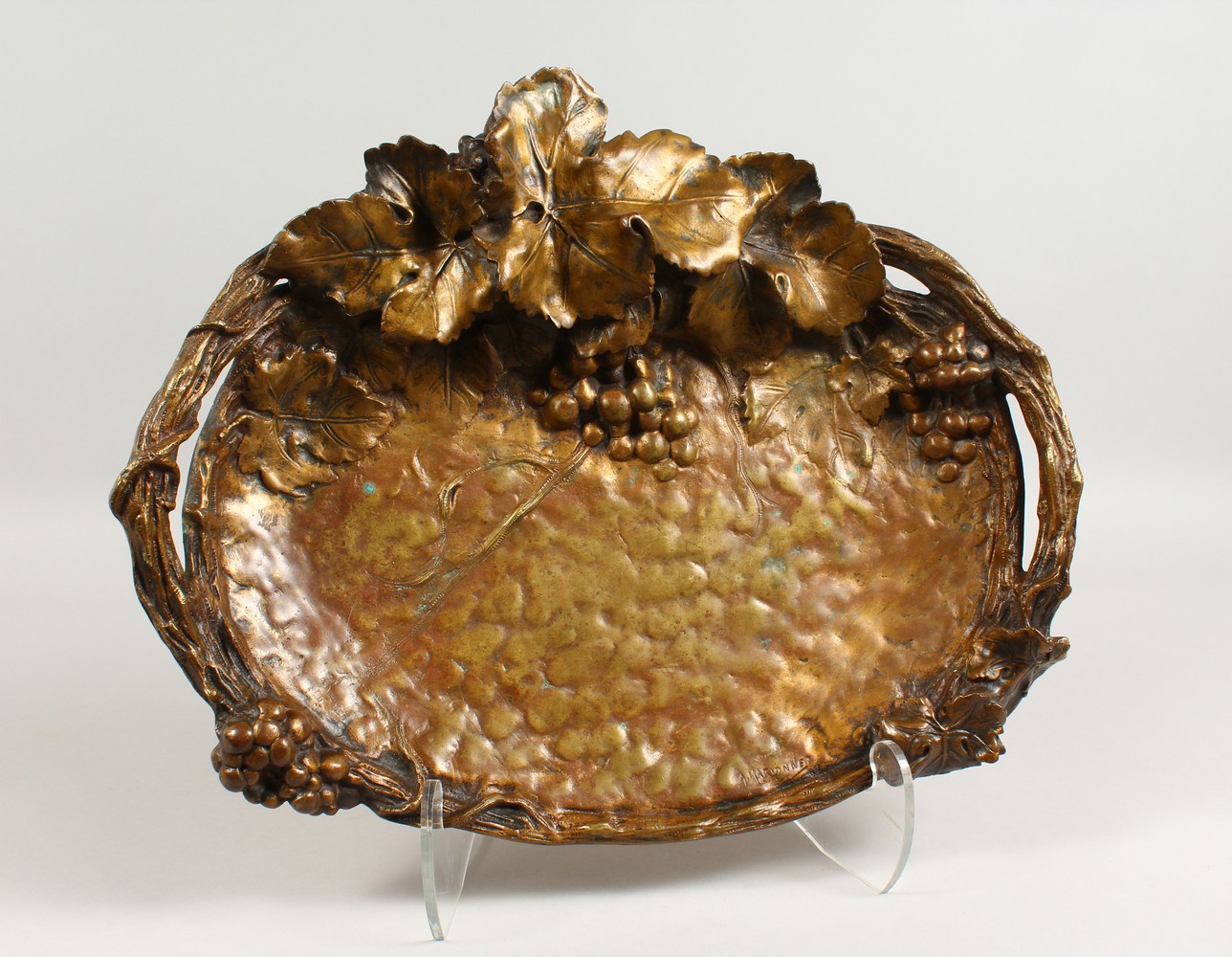 ALBERT MARIONNET (1852-1910) A SUPERB LARGE GLASS BRONZE OVAL TRAY, with rustic handles and fruiting