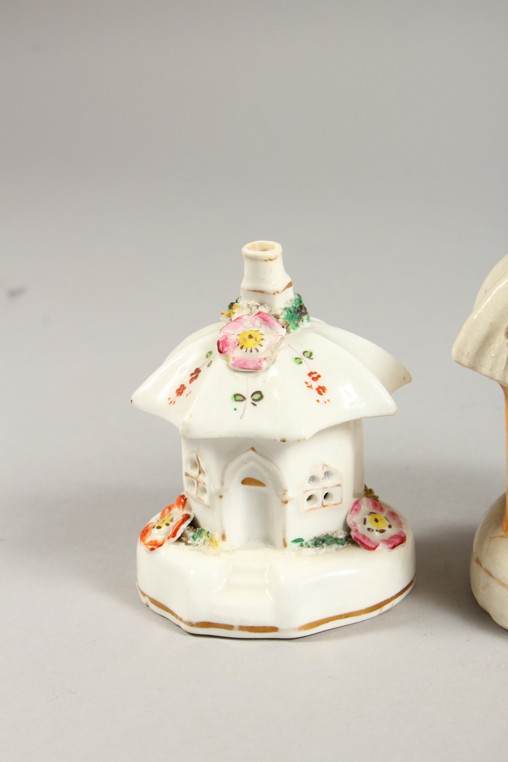 FOUR SMALL 19TH CENTURY STAFFORDSHIRE PASTILLE BURNER COTTAGES. - Image 5 of 6