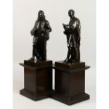 A GOOD PAIR OF 19TH CENTURY BRONZE FIGURES, well cast, depicting Sir Francis Bacon and Sir Isaac