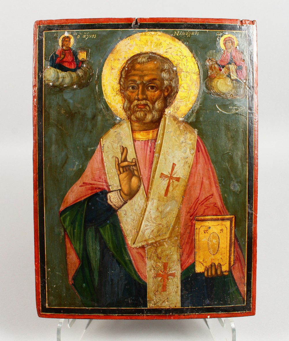 AN EARLY RUSSIAN ICON, on a wooden panel. Priest, dated 1853. 14ins x 11ins.