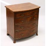 A GOOD SMALL GEORGE III BOWFRONT CHEST OF FOUR GRADUATED LONG DRAWERS, on bracket feet. 2ft 2ins