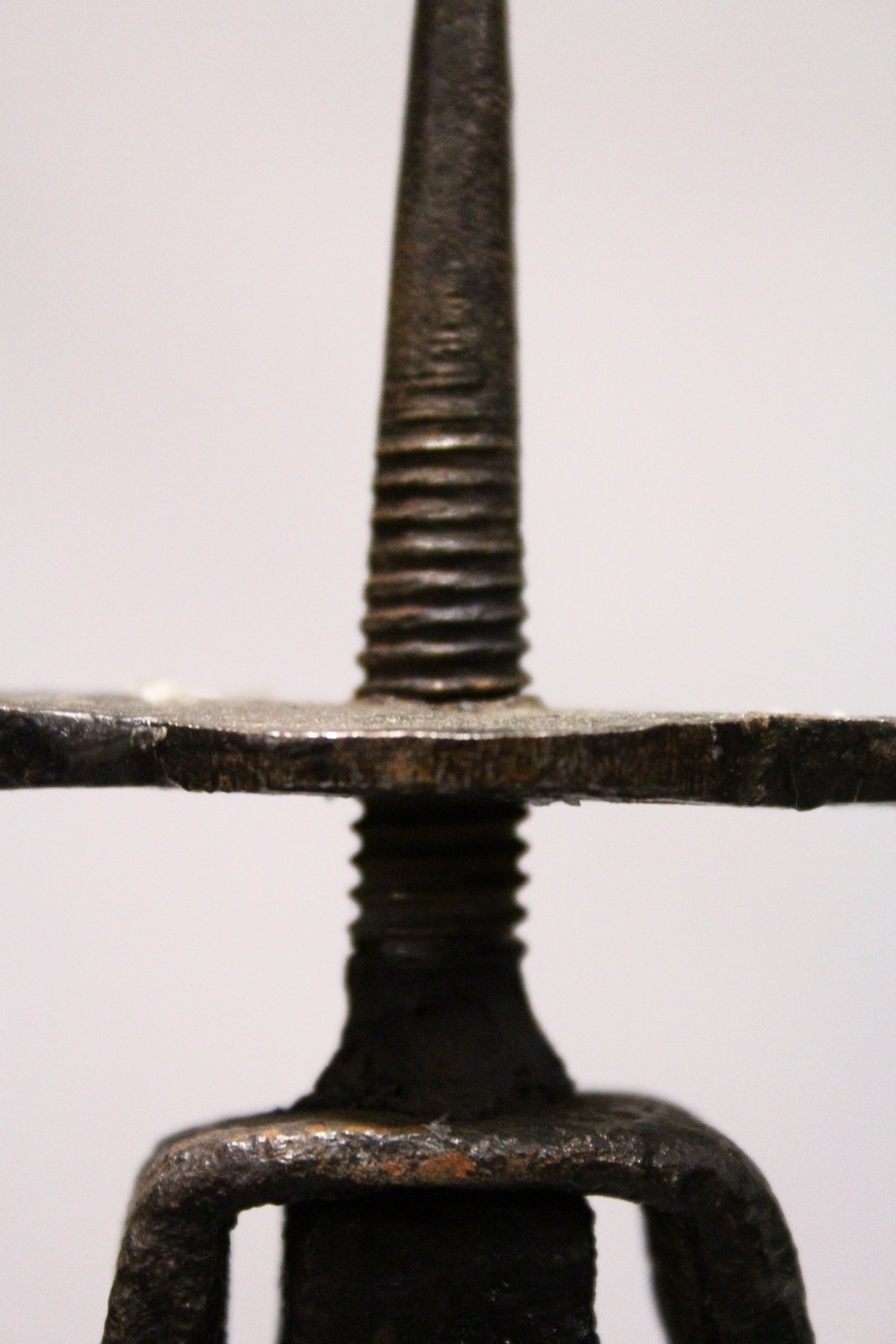 A GOOD 17TH CENTURY WROUGHT IRON FLOOR STANDING CANDELABRA, with a revolving top, ornate support - Image 5 of 6