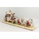 A LARGE 20TH CENTURY CONTINENTAL PORCELAIN MODEL OF A COACH AND HORSES, in two parts, the coach with