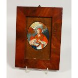 AN 18TH/19TH CENTURY REVERSE PAINTING ON GLASS, depicting a religious figure, in a mahogany frame.