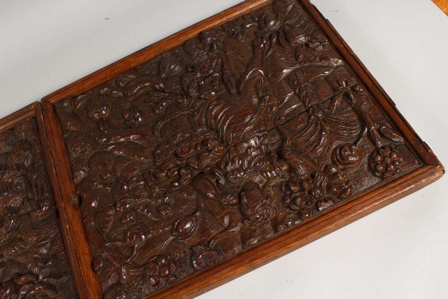 A GOOD PAIR OF EARLY CARVED OAK PANELS, POSSIBLY 17TH CENTURY, depicting female figures, children, - Image 3 of 4