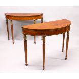 A GOOD PAIR OF GEORGE III DESIGN MAHOGANY DEMILUNE CONSOLE TABLES, 20TH CENTURY, with well figured