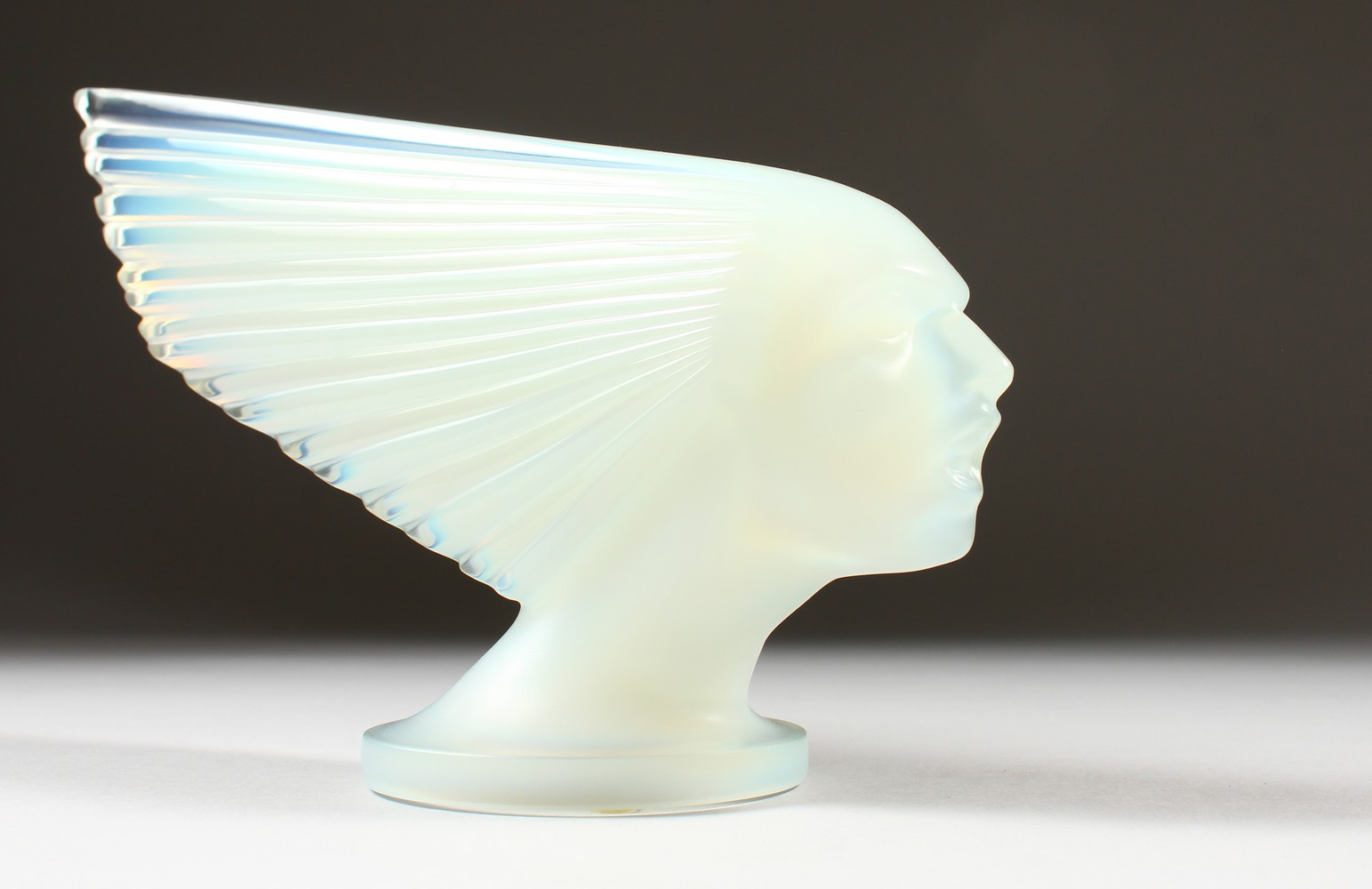 A SUPERB LALIQUE OPAQUE GLASS CAR MASCOT "VICTOIRE", also known as SPIRIT OF THE WIND. Etched