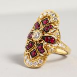 AN 18CT YELLOW GOLD, RUBY AND DIAMOND RING, in the Art Nouveau style.