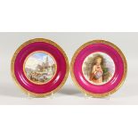 A PAIR OF PLATES, "Vue de la Ville de Strasbourg", and portrait of a girl (2). 8.5ins diameter.