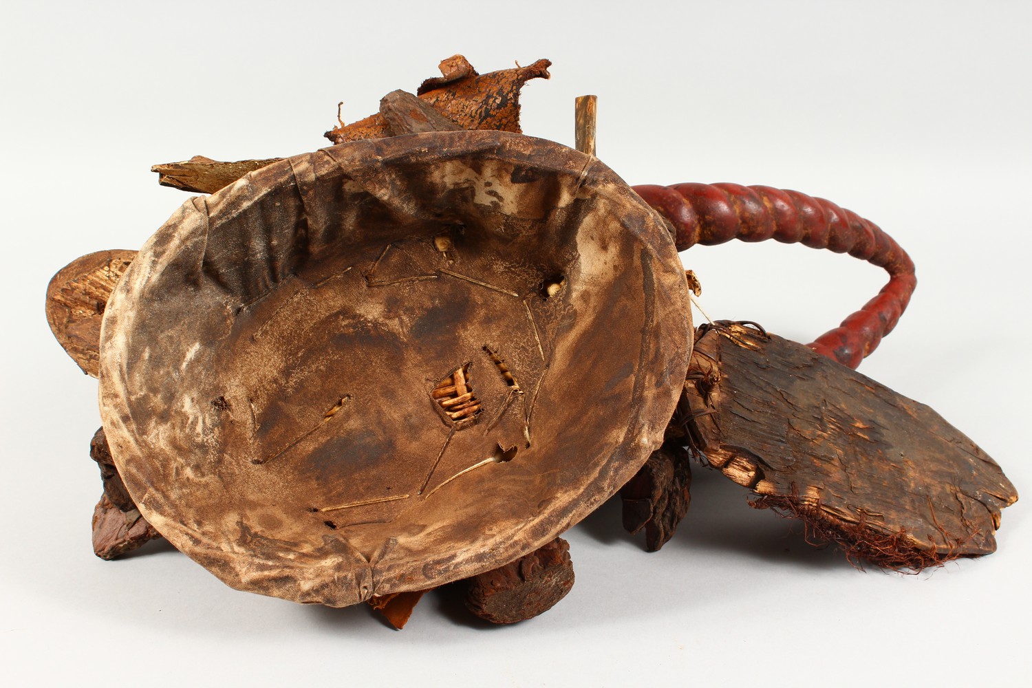 A GOOD CARVED AND PAINTED WOOD MASK, with red painted horns, and symbolic devices hung around the - Image 6 of 6