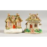 TWO SMALL 19TH CENTURY STAFFORDSHIRE PASTILLE BURNER COTTAGES.