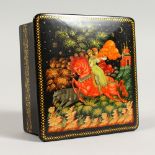 A RUSSIAN LACQUER BOX, decorated with a young couple on horseback. 3.5ins x 3.5ins.