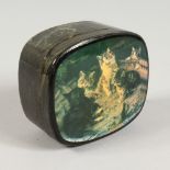 A RUSSIAN LACQUER BOX, decorated with kittens. 3.25ins x 3ins.