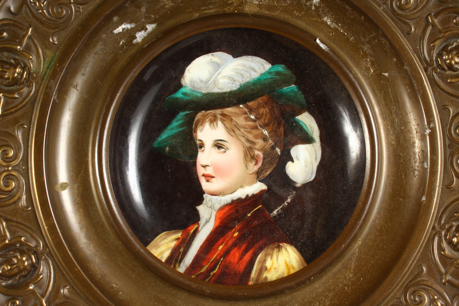 A PAIR OF EMBOSSED CIRCULAR BRASS PLAQUES, inset with porcelain panel decorated with portrait busts. - Image 3 of 6