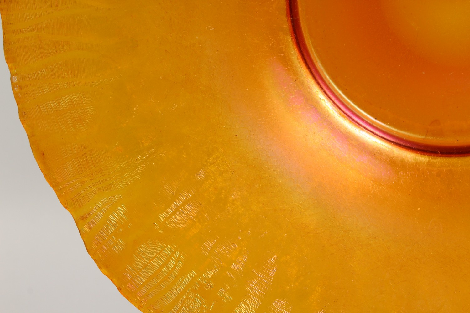 AN ART NOUVEAU ORANGE LUSTRE CIRCULAR GLASS DISH. 12.25ins diameter. - Image 2 of 16