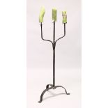 A GOOD 17TH CENTURY WROUGHT IRON FLOOR STANDING CANDELABRA, with three candle holders, plain