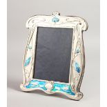 A LARGE ART DECO DESIGN SILVER AND BLUE ENAMEL PHOTOGRAPH FRAME, with lily pad and kingfishers.