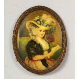 A SMALL OVAL PORTRAIT MINIATURE, lady wearing a large hat and shawl. 2.75ins x 2.25ins.