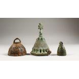 THREE BYZANTINE BRONZE BELLS. 1.5ins, 2ins and 4ins high.