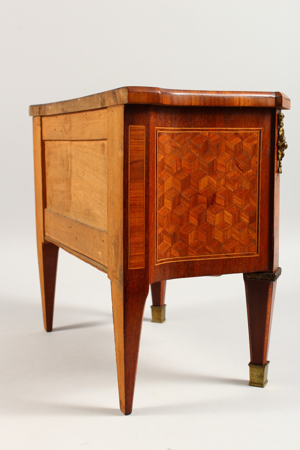 A MINIATURE FRENCH PARQUETRY AND MARQUETRY TWO DRAWER COMMODE, on tapering legs. 12ins wide. - Image 6 of 15