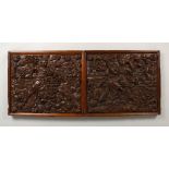 A GOOD PAIR OF EARLY CARVED OAK PANELS, POSSIBLY 17TH CENTURY, depicting female figures, children,