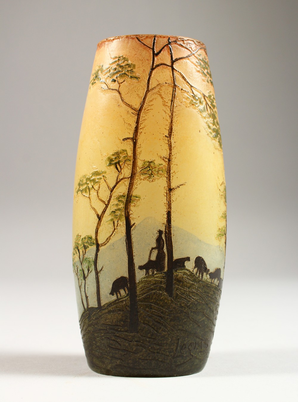 LEGRAS A GOOD CAMEO GLASS VASE, shepherdess with sheep on a hilltop with trees. Signed. 6ins high.