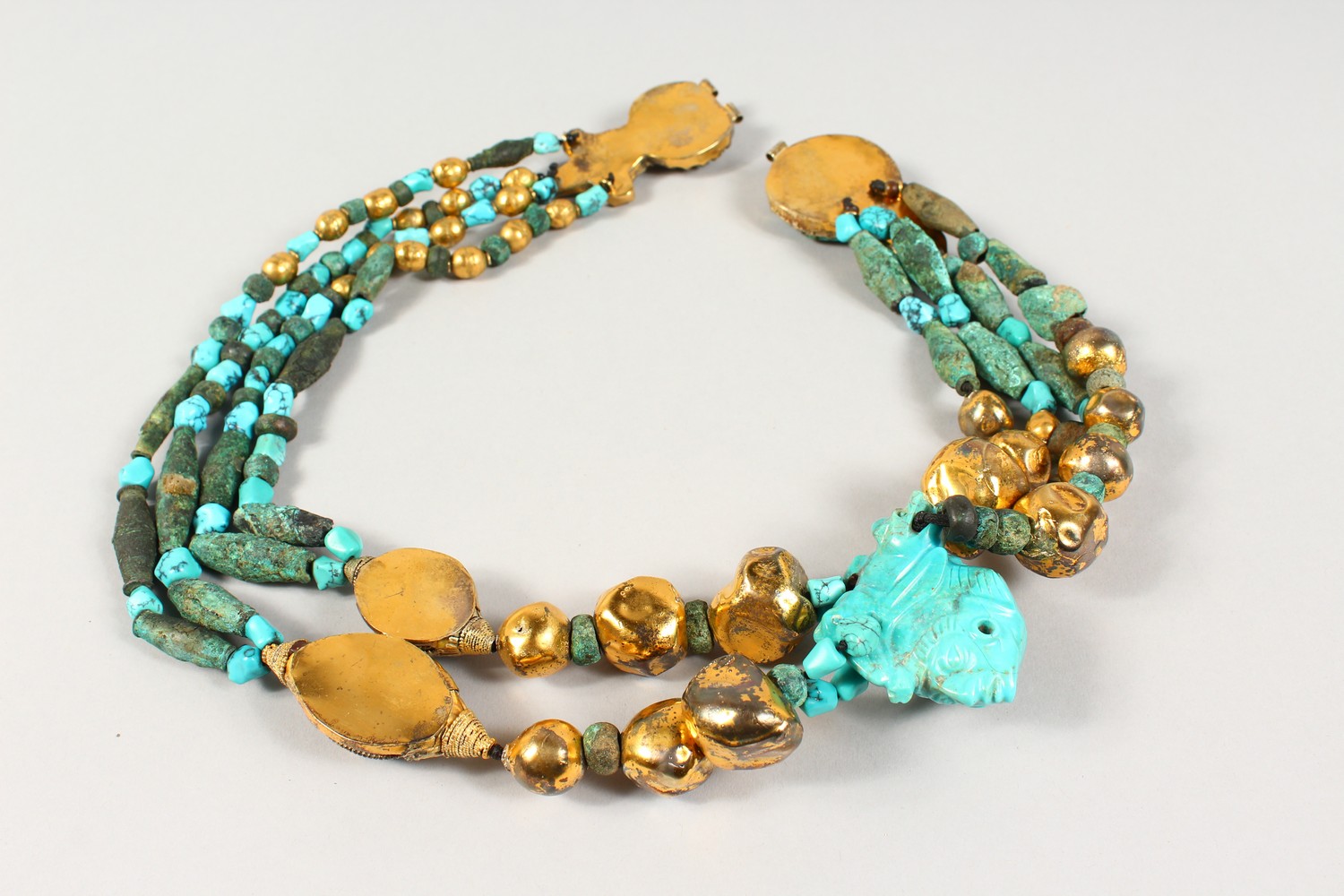 A LARGE ROMAN TURQUOISE BEAD NECKLACE, mounted in a contemporary gilt metal setting. - Image 6 of 8