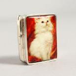 A SILVER RECTANGULAR PILL BOX, with enamel lid depicting a cat.