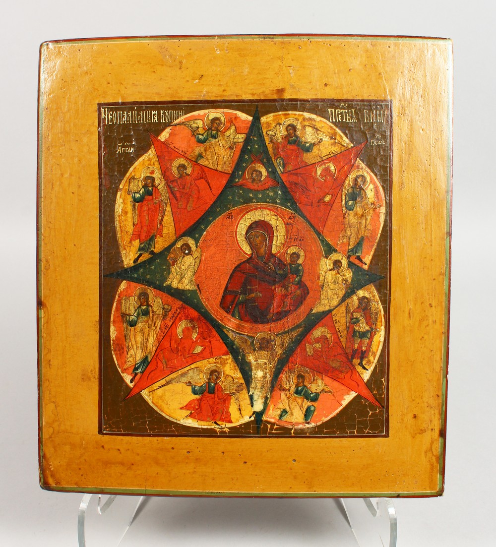 AN EARLY RUSSIAN ICON, on wooden panel. Madonna and Angels. 12ins x 11ins.
